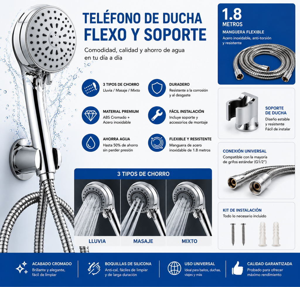 3 FUNKCIÓVAL ZUHANYFEJ TÖMLŐ ÉS ÁLLVÁNY 1.8M  CDZ94866